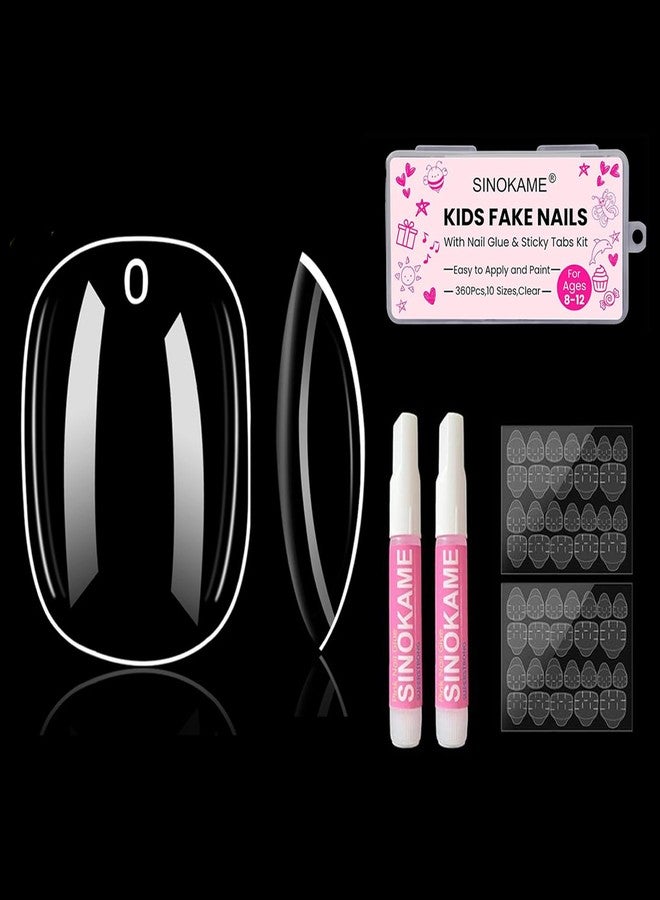 SINOKAME Kids fake nails,SINOKAME Short Oval Clear Nail Tips Glue on Nails With Glue &Sticky Tabs for 8-12 Years,Kids Press On Nails for Little Girls Full Cover Fake Nails Decoration,10 Sizes 360Pcs - Image 1